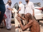 Spiritual leader Sri Sri Ravi Shankar at the Sangam area during the Mahakumbh, in Prayagraj on Sunday.