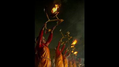 ‘Mahila Batuks' perform 'Ganga Aarti' at Sangam during the ongoing Mahakumbh Mela 2025 in Prayagraj (PTI)