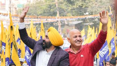 AAP’s Bhagwant Mann and Manish Sisodia during a roadshow on the day. (Bhagwant Mann X) AAP’s Bhagwant Mann and Manish Sisodia during a roadshow on the day. (Bhagwant Mann X)