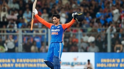 India's Abhishek Sharma celebrates his century during the 5th T20I match against England, at Wankhede Stadium (Surjeet Yadav)