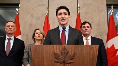 Canada's Prime Minister Justin Trudeau addresses media following the imposition of a raft of tariffs by US President Donald Trump against Canada, Mexico and China in Ottawa on Feb. 1, 2025. (AP) Canada's Prime Minister Justin Trudeau addresses media following the imposition of a raft of tariffs by US President Donald Trump against Canada, Mexico and China in Ottawa on Feb. 1, 2025. (AP)