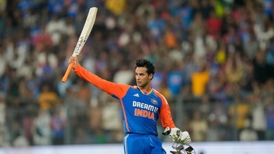 Abhishek Sharma hit seven fours and as many as 13 sixes as he smashed his way to 135 in just 54 balls. He broke the record for the highest score by an Indian in a T20I and his innings powered India to a score of 247/9 in 20 overs. He then took two wickets as England crumbled to a score of 97 all-out and India won by a whopping 150 runs with nearly 10 overs to spare. (AP) Abhishek Sharma hit seven fours and as many as 13 sixes as he smashed his way to 135 in just 54 balls. He broke the record for the highest score by an Indian in a T20I and his innings powered India to a score of 247/9 in 20 overs. He then took two wickets as England crumbled to a score of 97 all-out and India won by a whopping 150 runs with nearly 10 overs to spare. (AP)
