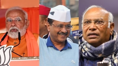 Prime Minister Narendra Modi (Left), AAP national convenor Arvind Kejriwal (Centre), and Congress chief Mallikarjun Kharge (Right). Prime Minister Narendra Modi (Left), AAP national convenor Arvind Kejriwal (Centre), and Congress chief Mallikarjun Kharge (Right).