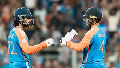 Tilak Varma was at the other end to see most of Abhishek's big hits in the first 10 overs. The pair put together a partnership of a whopping 115 runs in just 43 balls for the second wicket, with Tilak contributing just 24 runs in 15 balls. (PTI) Tilak Varma was at the other end to see most of Abhishek's big hits in the first 10 overs. The pair put together a partnership of a whopping 115 runs in just 43 balls for the second wicket, with Tilak contributing just 24 runs in 15 balls. (PTI)