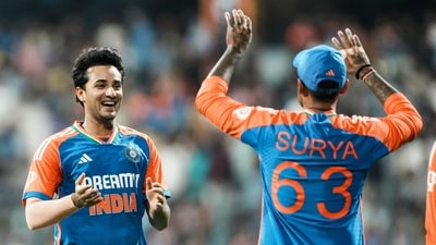 Abhishek couldn't be kept out of the game even in the field. He was the one who took the catch for Shami's breakthrough wicket and Abhishek went on to take two wickets in the one over that he bowled. (PTI) Abhishek couldn't be kept out of the game even in the field. He was the one who took the catch for Shami's breakthrough wicket and Abhishek went on to take two wickets in the one over that he bowled. (PTI)