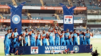 England were eventually all out for 97 runs in 10.3 overs with Shami the standout bowler for India as he returned figures of 3/25. (PTI) England were eventually all out for 97 runs in 10.3 overs with Shami the standout bowler for India as he returned figures of 3/25. (PTI)
