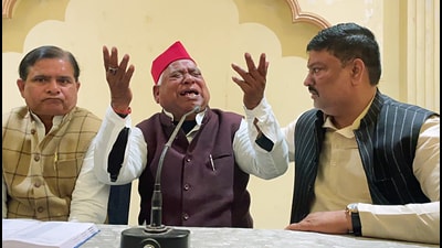 Samajwadi Party (SP) MP Awadhesh Prasad breaks down during a press conference on Sunday. (ANI)