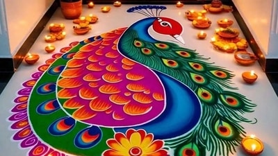 5. Peacock Rangoli - The peacock, often associated with Saraswati, adds an artistic and colourful touch to your Basant Panchami décor. Incorporate vibrant blues, greens and yellows to craft a mesmerising peacock pattern. (Image by Pinterest) 5. Peacock Rangoli - The peacock, often associated with Saraswati, adds an artistic and colourful touch to your Basant Panchami décor. Incorporate vibrant blues, greens and yellows to craft a mesmerising peacock pattern. (Image by Pinterest)