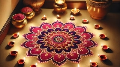 Add fresh flowers, diyas and even some shimmer to make your rangoli stand out this Basant Panchami. Let your creativity shine as you welcome the blessings of Saraswati! Which design are you trying this year? (Image by Vaidehi) Add fresh flowers, diyas and even some shimmer to make your rangoli stand out this Basant Panchami. Let your creativity shine as you welcome the blessings of Saraswati! Which design are you trying this year? (Image by Vaidehi)