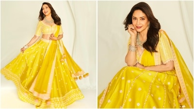 Madhuri Dixit wows in a radiant yellow lehenga, showcasing her timeless beauty at 57. (Instagram/@madhuridixitnene) Madhuri Dixit wows in a radiant yellow lehenga, showcasing her timeless beauty at 57. (Instagram/@madhuridixitnene)