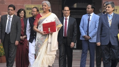 Finance minister Nirmala Sitharaman and other officials outside the finance ministry ahead of the presentation of the Union Budget 2025-26 in New Delhi, Saturday, Feb 1 (PTI) Finance minister Nirmala Sitharaman and other officials outside the finance ministry ahead of the presentation of the Union Budget 2025-26 in New Delhi, Saturday, Feb 1 (PTI)