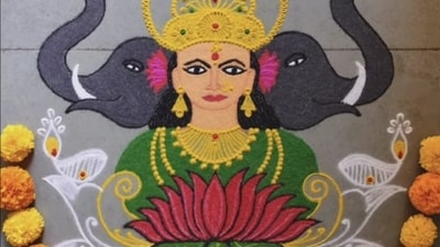 4. Lotus-Themed Rangoli - The lotus is a symbol of purity and enlightenment, making it a perfect design for Saraswati Puja. Opt for a large, detailed lotus rangoli in shades of pink, yellow and green, representing grace and divine blessings. (Image by Neha) 4. Lotus-Themed Rangoli - The lotus is a symbol of purity and enlightenment, making it a perfect design for Saraswati Puja. Opt for a large, detailed lotus rangoli in shades of pink, yellow and green, representing grace and divine blessings. (Image by Neha)