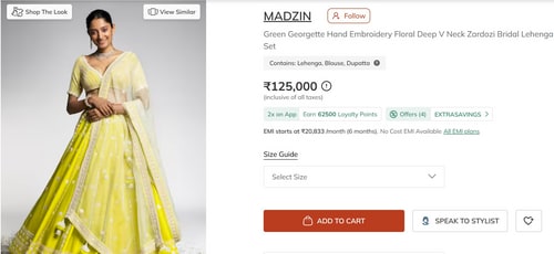 Madhuri Dixit's yellow lehenga costs ₹125,000. (www.azafashions.com) Madhuri Dixit's yellow lehenga costs ₹125,000. (www.azafashions.com)