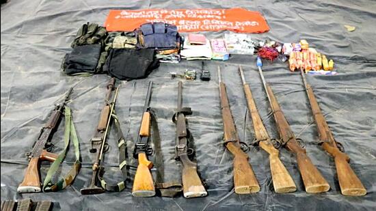 A Maoist camp was destroyed and one INSAS rifle, two 12-bore guns and one BGL launcher were recovered from the encounter site along with weapons and a large cache of Maoist materials. (ANI Pic Service)