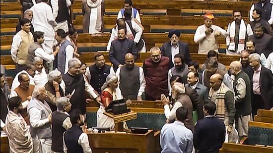 Prime Minister Narendra Modi and other ministers congratulate finance minister Nirmala Sitharaman on Union Budget 2025, in Parliament on Saturday. (ANI Grab)