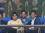 Rishi Sunak interacts with Mukesh Ambani, Akash Ambani during a T20I match  between India Vs England at Wankhede Stadium in Mumbai, India, on Sunday, February 2, 2025.  (Photo by Anshuman Poyrekar/ Hindustan Times)