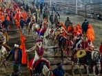 Naga Sadhus led most of the akharas during the sacred bathing ritual on Basant Panchami, displaying their weapon-handling skills by wielding spears, swords and tridents with precision. Some Naga sadhus were seen riding horses, while others walked barefoot with garlands draped around their necks and tridents held high.