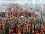 Naga Sadhus of 'Niranjani Akhara' on their way to take holy dip of third 'Amrit snan' on Basant Panchami during Maha Kumbh in Prayagraj, on Monday, February 03, 2025. 