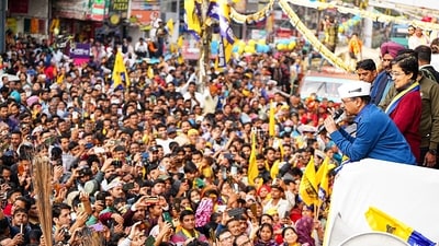 Aam Aadmi Party national convener Arvind Kejriwal addresses the gathering during a roadshow in support of Delhi chief minister and party candidate from Kalkaji Assembly seat Atishi for the assembly election in New Delhi on Monday. (Atishi - X )
