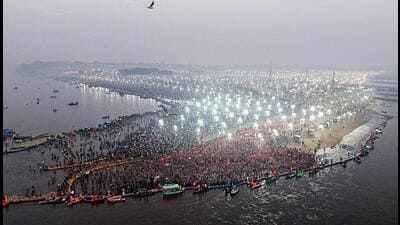 An aerial view of Triveni Sangam as devotees gather to take the third ‘Amrit Snan’ on the occasion of ‘Basant Panchami’ during the ongoing Mahakumbh’, in Prayagraj on Monday. (ANI Photo) An aerial view of Triveni Sangam as devotees gather to take the third ‘Amrit Snan’ on the occasion of ‘Basant Panchami’ during the ongoing Mahakumbh’, in Prayagraj on Monday. (ANI Photo)