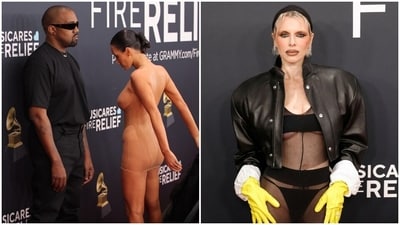 Bianca Censori with Kanye West and Julia Fox pose on the Grammys red carpet. Bianca Censori with Kanye West and Julia Fox pose on the Grammys red carpet.