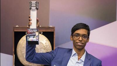 Grandmaster R Praggnanandhaa poses with the trophy after winning the Tata Steel Chess Masters 2025 by beating World Champion D Gukesh in Wijk aan Zee, Netherlands. (Tata Steel) Grandmaster R Praggnanandhaa poses with the trophy after winning the Tata Steel Chess Masters 2025 by beating World Champion D Gukesh in Wijk aan Zee, Netherlands. (Tata Steel)