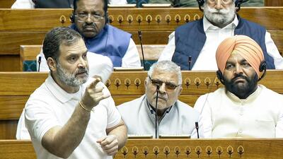 Lok Sabha LoP and Congress MP Rahul Gandhi speaks in the house during the Budget Session, in New Delhi on Monday. (Sansad Tv) Lok Sabha LoP and Congress MP Rahul Gandhi speaks in the house during the Budget Session, in New Delhi on Monday. (Sansad Tv)