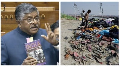 BJP MP Ravi Shankar Prasad in the Lok Sabha (left) and belongings of those who were trapped in the stampede at Mahakumbh. (Sansad TV & Deepak Gupta/HT) BJP MP Ravi Shankar Prasad in the Lok Sabha (left) and belongings of those who were trapped in the stampede at Mahakumbh. (Sansad TV & Deepak Gupta/HT)