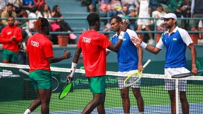 India's N Sriram Balaji and Rithvik Bollipalli during the Davis Cup 2025 World Group I play-off match against Togo's Thomas Setodji and Padio Isak, in New Delhi, Sunday, Feb. 2 (PTI) India's N Sriram Balaji and Rithvik Bollipalli during the Davis Cup 2025 World Group I play-off match against Togo's Thomas Setodji and Padio Isak, in New Delhi, Sunday, Feb. 2 (PTI)
