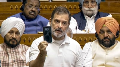Leader of Opposition in the Lok Sabha Rahul Gandhi speaks in the House during the Budget session of Parliament, in New Delhi on Monday. (PTI) Leader of Opposition in the Lok Sabha Rahul Gandhi speaks in the House during the Budget session of Parliament, in New Delhi on Monday. (PTI)