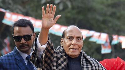 Rajnath Singh in Moti Nagar on Monday. (PTI) Rajnath Singh in Moti Nagar on Monday. (PTI)