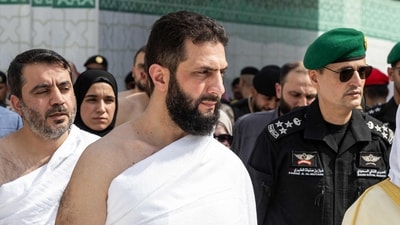 Syria's interim president Ahmed al-Sharaa (C) and Foreign Minister Asaad al-Shaibani (L) perform the Umrah, or the minor pilgrimage, in Islam's holiest city of Mecca in western Saudi Arabia on February 3, 2025. (AFP) Syria's interim president Ahmed al-Sharaa (C) and Foreign Minister Asaad al-Shaibani (L) perform the Umrah, or the minor pilgrimage, in Islam's holiest city of Mecca in western Saudi Arabia on February 3, 2025. (AFP)