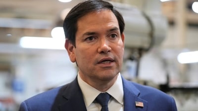 US Secretary of State Marco Rubio speaks to the media during a visit to workshops of aircraft maintenance firm Aeroman in San Luis Talpa, El Salvador, (REUTERS)