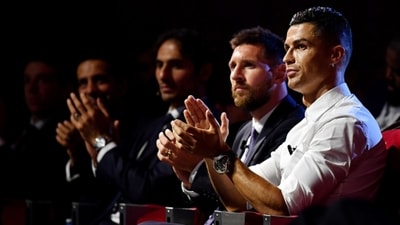 Cristiano Ronaldo and Lionel Messi during a ceremony. (Getty Images) Cristiano Ronaldo and Lionel Messi during a ceremony. (Getty Images)