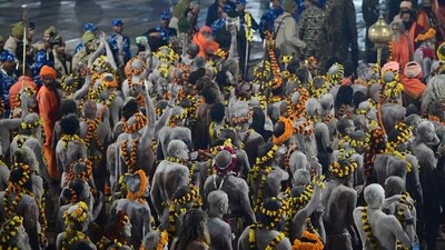 The Naga sadhus became the centre of attraction at the third grand 'Amrit Snan' on the auspicious occasion of Basant Panchami on Monday, captivating a sea of devotees with their distinctive appearance and unique rituals. (Deepak Gupta/Hindustan Times)