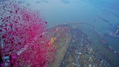 The Uttar Pradesh government on Monday showered flower petals on saints and seers who gathered for the 'Amrit Snan' at the Triveni Sangam on the occasion of Basant Panchami. (UP Information dept)