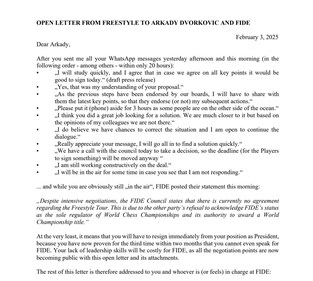Freestyle Chess co-owner Jan Henric Buettner's open letter to FIDE president Arkady Dvorkovich.