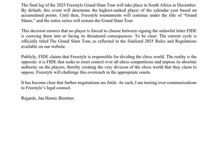 Freestyle Chess co-owner Jan Henric Buettner's open letter to FIDE president Arkady Dvorkovich.