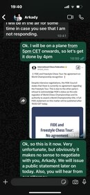 Freestyle Chess co-owner and FIDE president's alleged WhatsApp conversation.