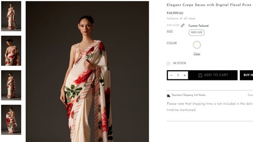 The crepe floral print saree is available on rohitbal.com.