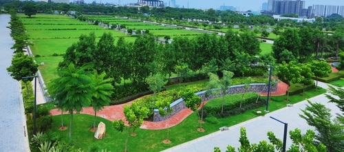 Lush gardens of the property