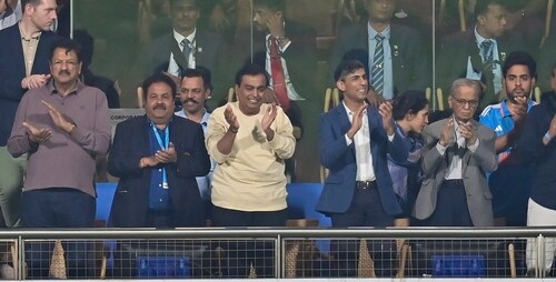 Mukesh Ambani, Rishi Sunak, Narayana Murthy during a T20I match between India Vs England at Wankhede Stadium in Mumbai, India, on Sunday, February 2, 2025.  (Photo by Anshuman Poyrekar/ Hindustan Times) (Hindustan Times)