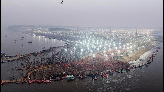 An aerial view of Triveni Sangam as devotees gather to take the third ‘Amrit Snan’ on the occasion of ‘Basant Panchami’ during the ongoing Mahakumbh’, in Prayagraj on Monday. (ANI Photo)