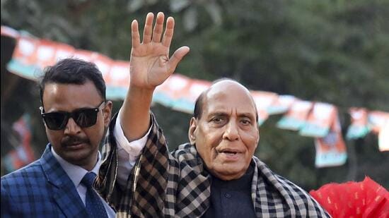 Rajnath Singh in Moti Nagar on Monday. (PTI)