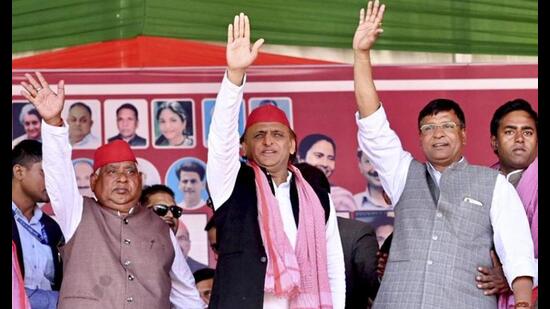 Samajwadi Party President Akhilesh Yadav during a public meeting in support of party candidate Ajit Prasad for the Milkipur assembly by-election. ((Samajwadi Party via PTI Photo))