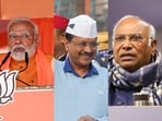 Prime Minister Narendra Modi (left), AAP national convenor Arvind Kejriwal (centre), and Congress chief Mallikarjun Kharge. Prime Minister Narendra Modi (left), AAP national convenor Arvind Kejriwal (centre), and Congress chief Mallikarjun Kharge.