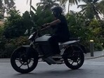 Bhavish Aggarwal, CEO of Ola Electric riding the Roadster electric motorcycle.