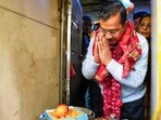AAP national convener Arvind Kejriwal offers prayers at Hanuman temple, at Connaught Place in New Delhi on Tuesday. AAP national convener Arvind Kejriwal offers prayers at Hanuman temple, at Connaught Place in New Delhi on Tuesday.