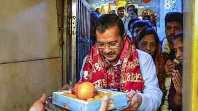AAP’s Arvind Kejriwal offers prayers at the Hanuman temple near Connaught Place on Tuesday. (@ArvindKejriwal/X) AAP’s Arvind Kejriwal offers prayers at the Hanuman temple near Connaught Place on Tuesday. (@ArvindKejriwal/X)