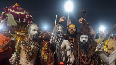 The Naga sadhus wore only ash on their bodies from head to toe along with garlands of marigold and rose. (Anand Prashad ) The Naga sadhus wore only ash on their bodies from head to toe along with garlands of marigold and rose. (Anand Prashad )
